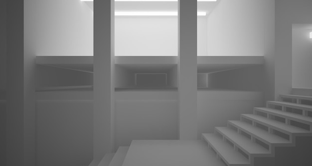 Abstract architectural white interior of a minimalist house with large windows 3D illustration