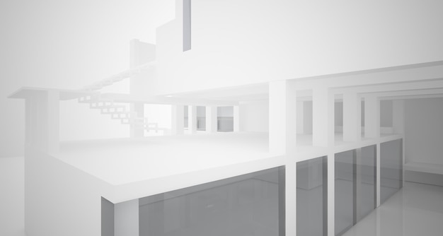 Abstract architectural white interior of a minimalist house with large windows 3D illustration and