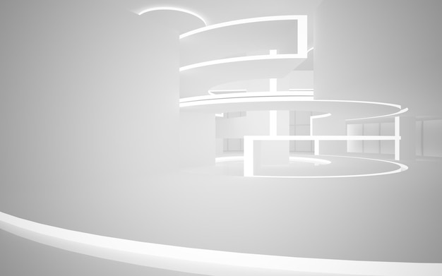 Abstract architectural white smooth interior of a minimalist house with large windows 3D