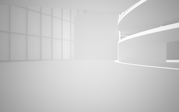 Abstract architectural white smooth interior of a minimalist house with large windows 3D