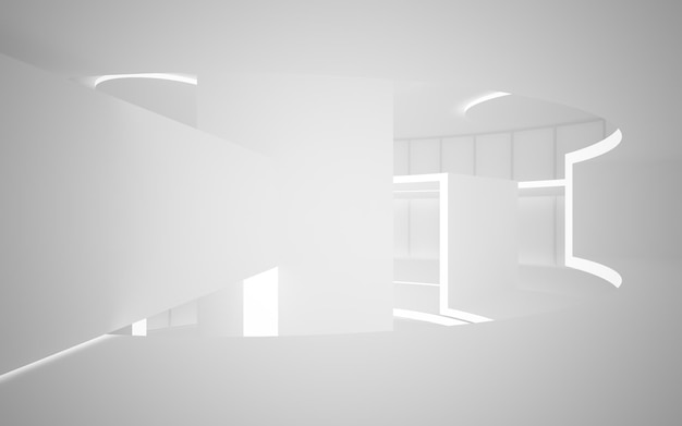 Abstract architectural white smooth interior of a minimalist house with large windows 3D