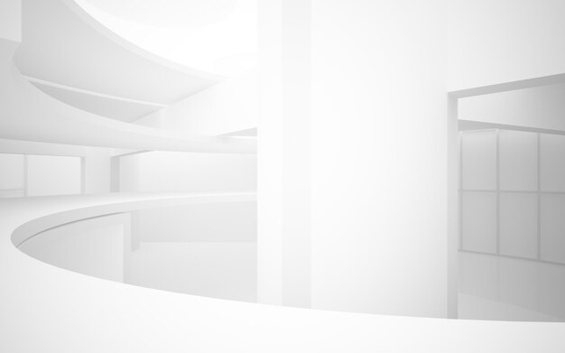 Abstract architectural white smooth interior of a minimalist house with large windows 3D