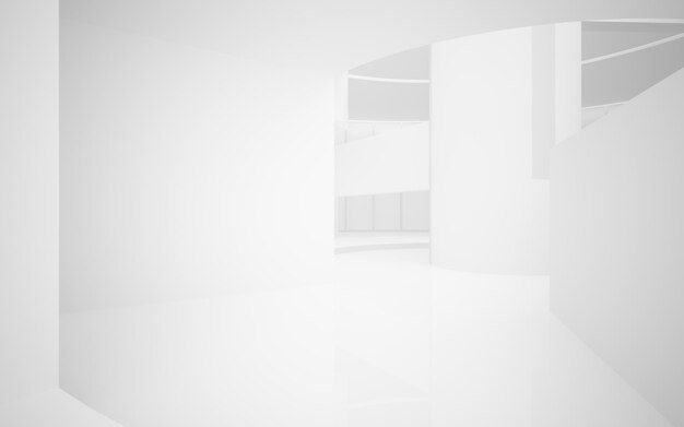 Abstract architectural white smooth interior of a minimalist house with large windows 3D