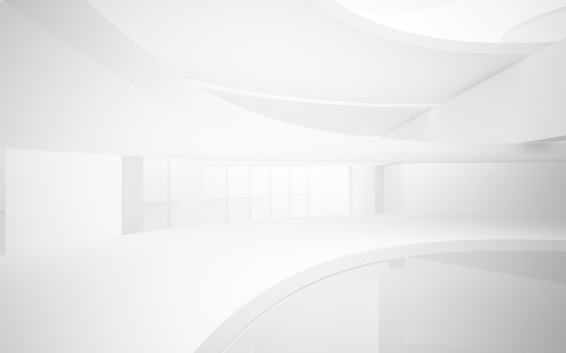 Abstract architectural white smooth interior of a minimalist house with large windows 3D