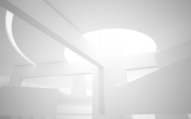 Abstract architectural white smooth interior of a minimalist house with large windows 3D