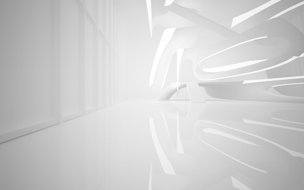 Abstract architectural white smooth interior of a minimalist house with large windows 3D