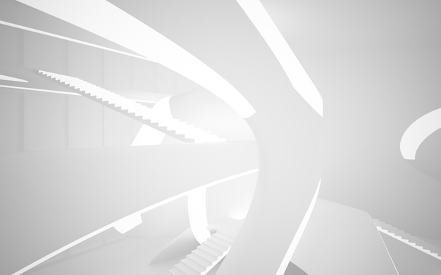 Abstract architectural white smooth interior of a minimalist house with large windows 3D