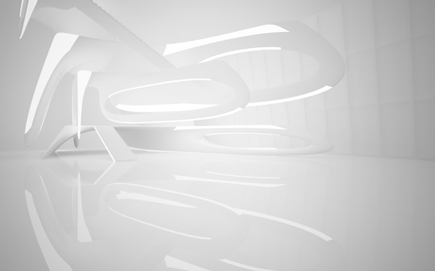 Abstract architectural white smooth interior of a minimalist house with large windows 3D