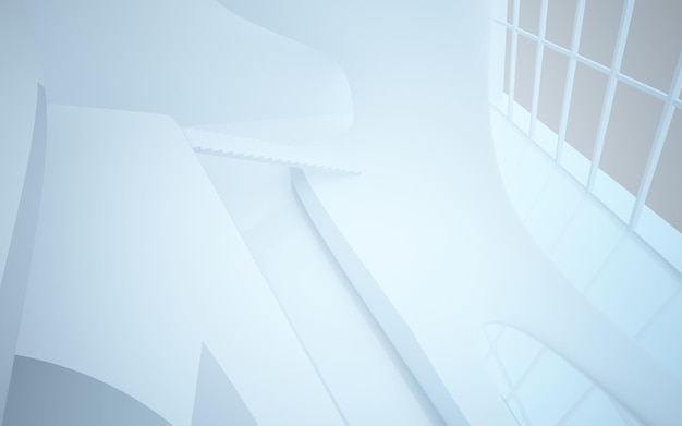 Abstract architectural white smooth interior of a minimalist house with large windows 3D