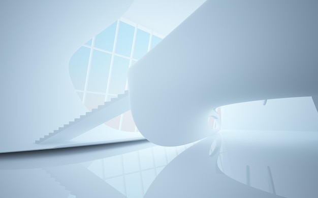 Abstract architectural white smooth interior of a minimalist house with large windows 3D