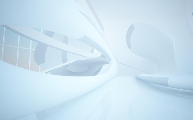 Abstract architectural white smooth interior of a minimalist house with large windows 3D