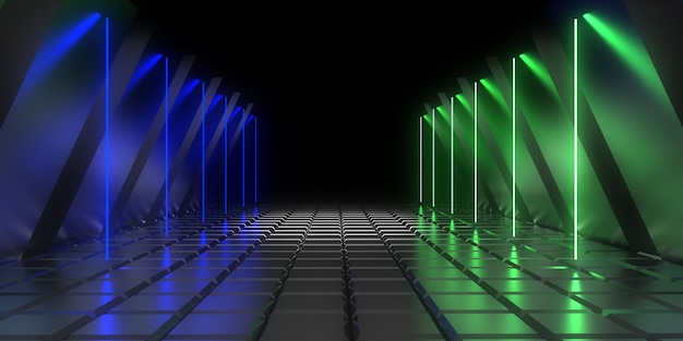 Abstract architecture tunnel with neon light. 3d illustration