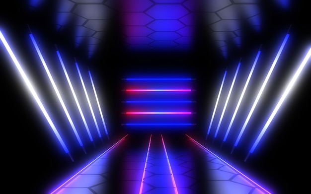 Abstract architecture tunnel with neon light. 3d illustration