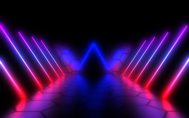 Abstract architecture tunnel with neon light. 3d illustration