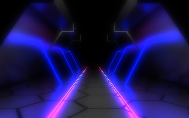 Abstract architecture tunnel with neon light. 3d illustrationA