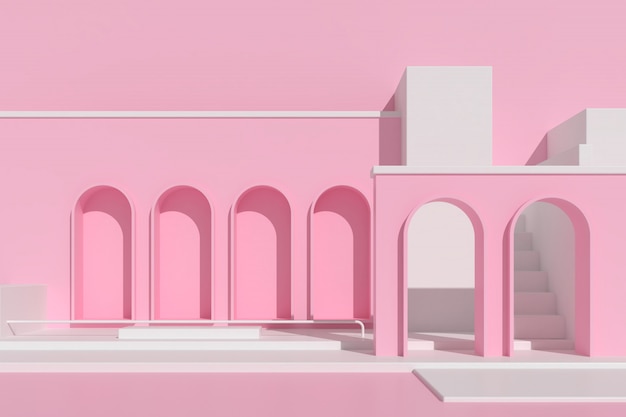 Abstract architecture with staircase on pink background.