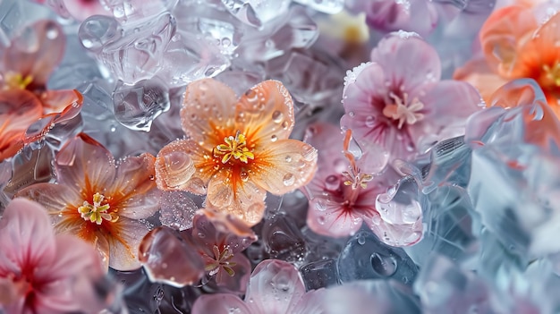 Photo abstract art background of frozen summer flowers in ice