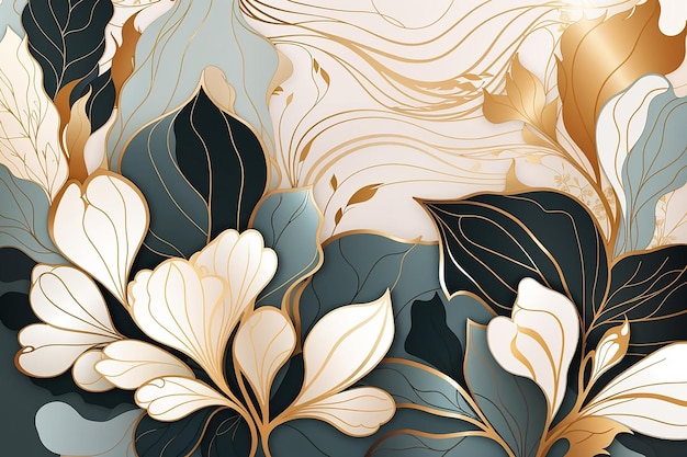 Abstract art background vector Luxury minimal style wallpaper with golden line art flower and botanical leaves Organic shapes Watercolor Vector background for banner poster Web and packaging