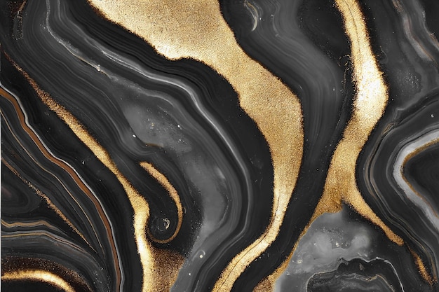 Abstract art background with a fluid marble black and gold texture Splendid 3D illustration luxury abstract artwork in alcohol ink technique Shiny golden wave swirl pattern on a black background