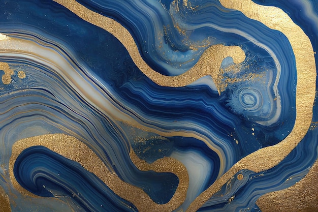 Abstract art background with a fluid marble blue and gold texture Splendid 3D illustration luxury abstract artwork in alcohol ink technique Shiny golden wave swirl pattern on a blue background