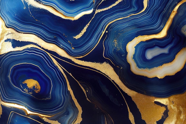 Abstract art background with a fluid marble blue and gold texture Splendid 3D illustration luxury abstract artwork in alcohol ink technique Shiny golden wave swirl pattern on a blue background