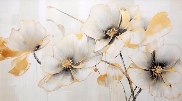 Abstract art backgroundAbstract oil painting on yellow gray canvasLarge white paper poppy