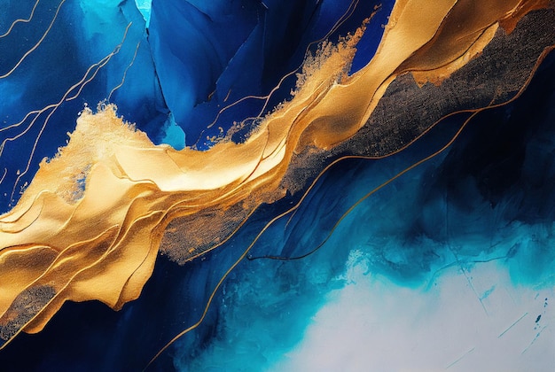 Abstract art blue and gold paint background watercolor painting