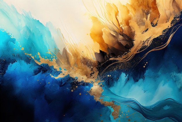 Abstract art blue and gold paint background watercolor painting