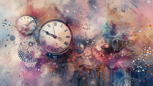 Photo abstract art of clocks and gears with colorful splash effects