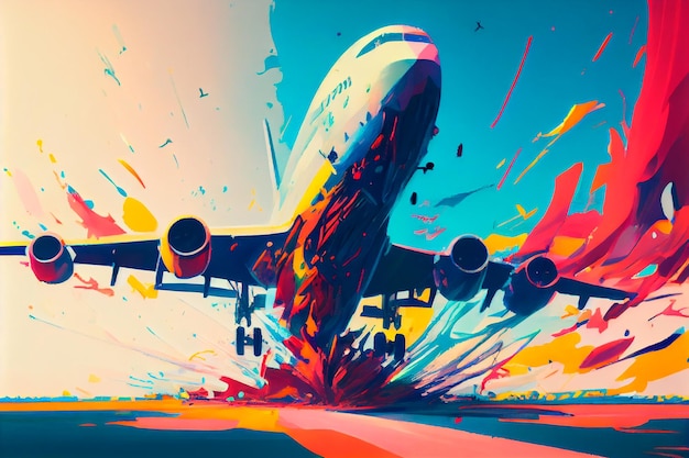 Abstract art Colorful painting art of a modern airplane landing at the airport Background illustration Generative AI