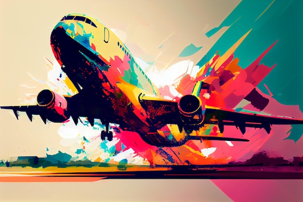 Abstract art Colorful painting art of a modern airplane landing at the airport Background illustration Generative AI