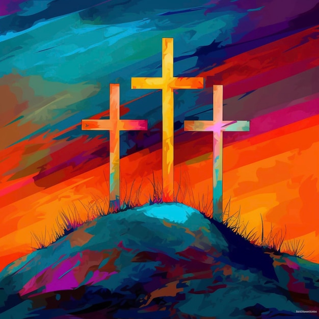 Abstract art Colorful painting art of three crosses on a hill Christian illustrationGenerative AI