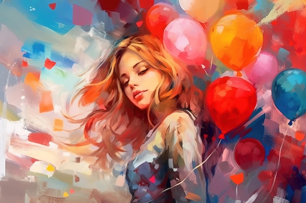 Abstract art Colorful painting art of a woman with heart balloons Valentine day Background illustration