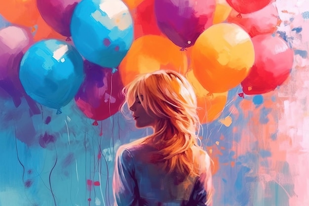 Abstract art Colorful painting art of a woman with heart balloons Valentine day Background illustration