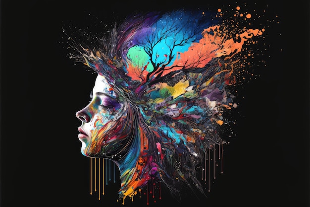 Abstract art of double exposure multicolored shading in tree and human face