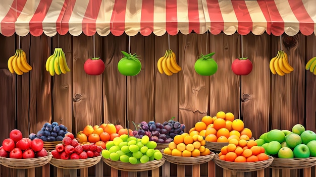 Abstract art market with wooden background and fruits