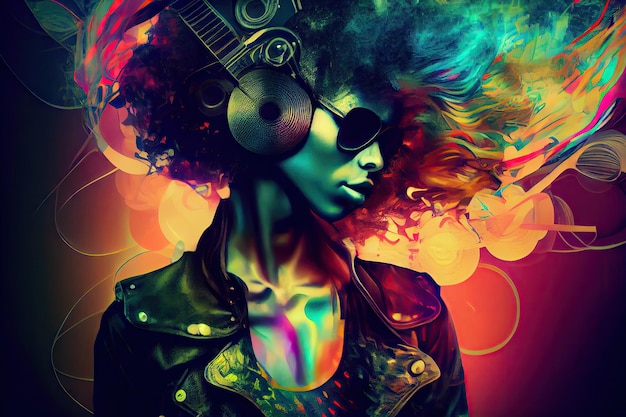 Abstract art in overlap musician with hairstyle decorated by instrument design