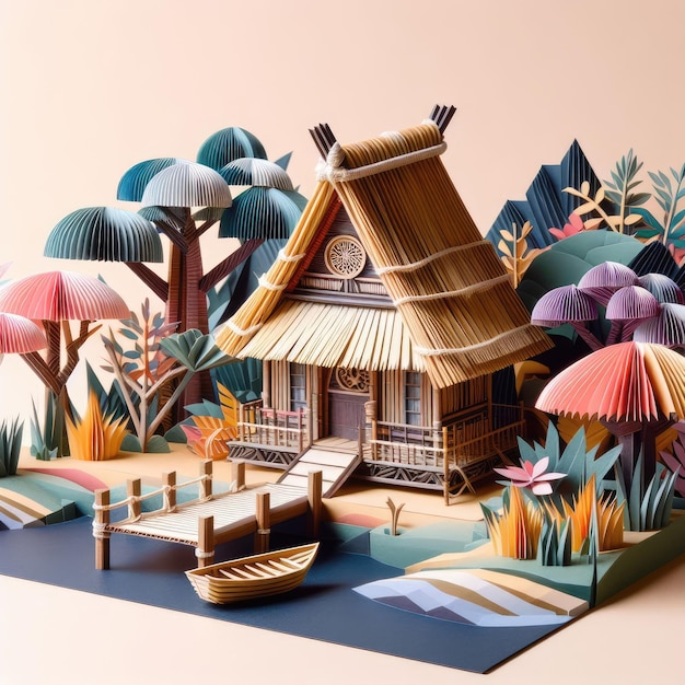 Abstract art paper art origami diorama of a bamboo hut in a forest with an old roof