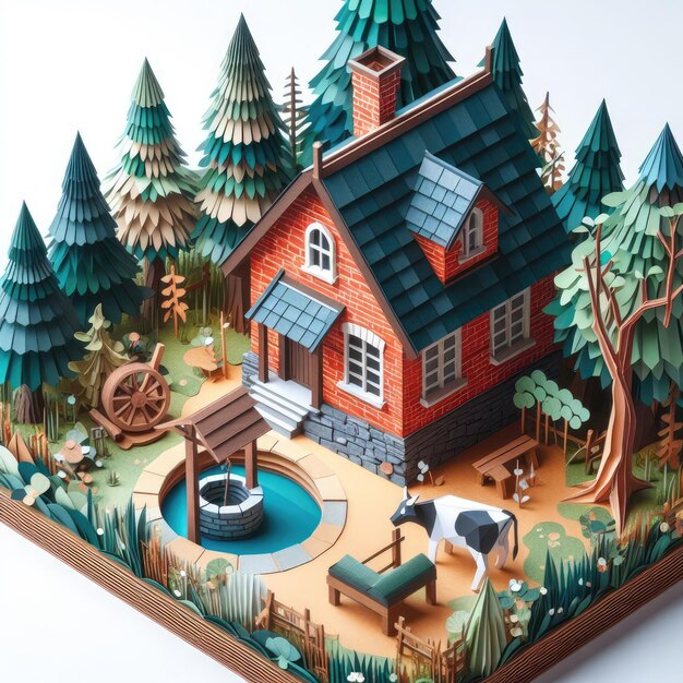 Abstract art paper art origami diorama of a brick hut in a forest with an old roof