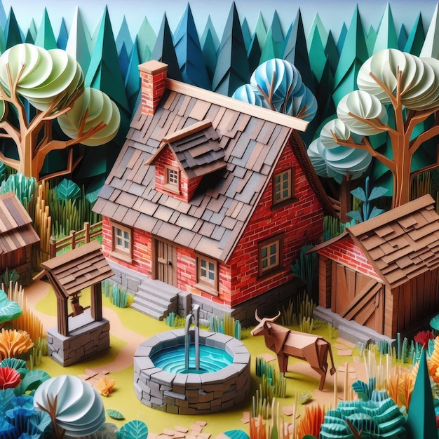 Abstract art paper art origami diorama of a brick hut in a forest with an old roof