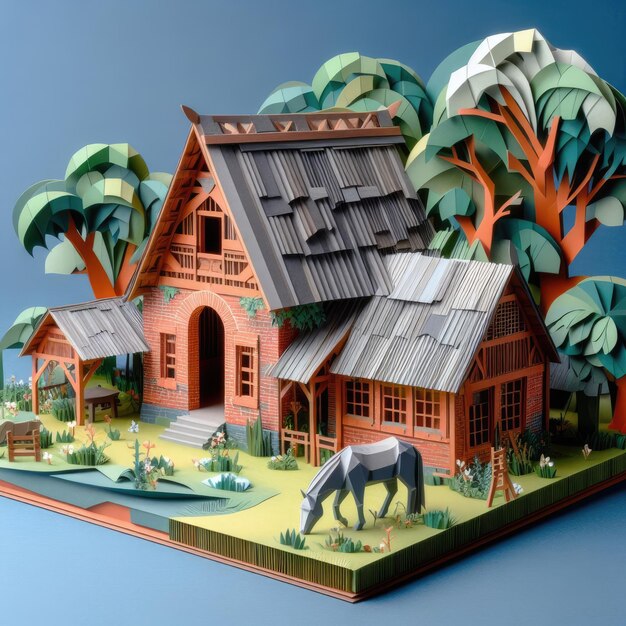 Abstract art paper art origami diorama of a brick hut in a forest with an old roof