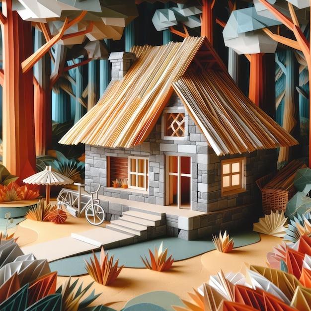 Abstract art paper art origami diorama of a stone hut in a forest with an old roof