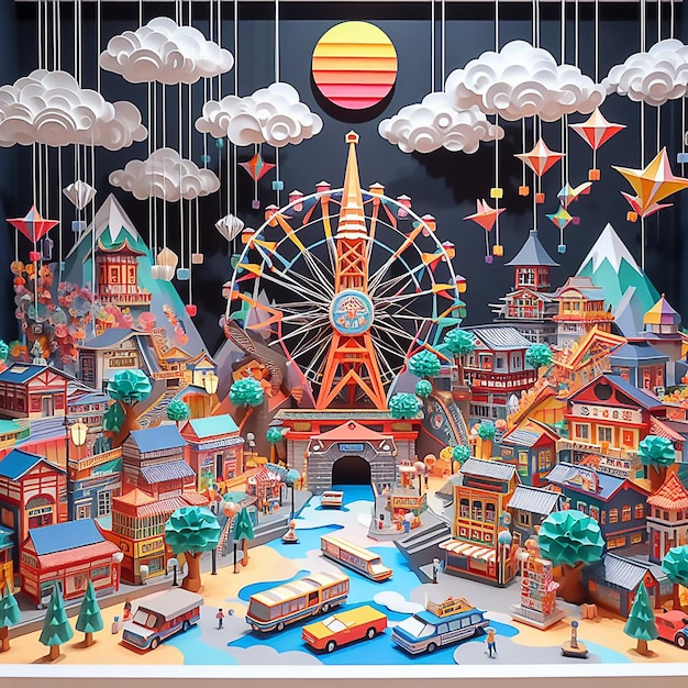 Abstract art paper art origami diorama Tokyo amusement park modern art ukiyoe style colorful