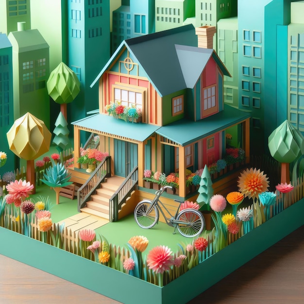 Abstract art paper art origami diorama of a vintage house in the middle of a green city