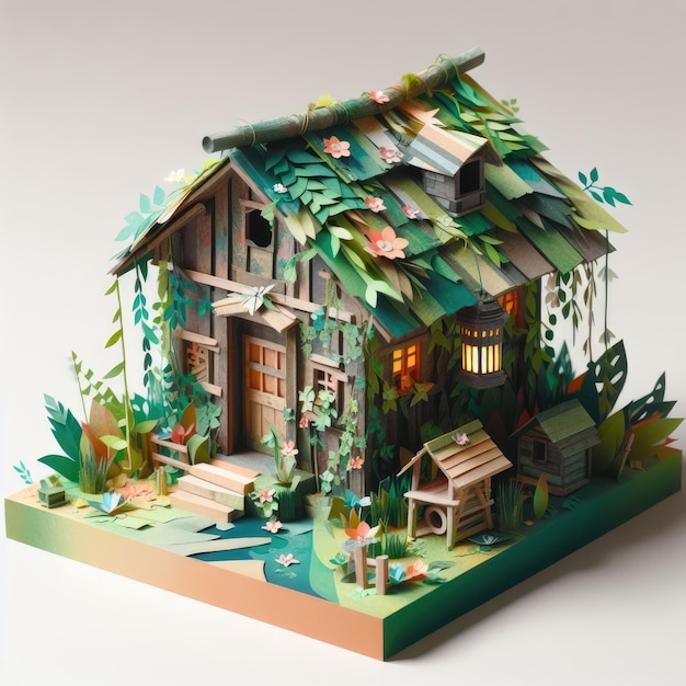 Abstract art paper art origami diorama of a wooden hut in a forest with an old roof