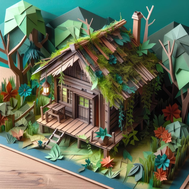 Abstract art paper art origami diorama of a wooden hut in a forest with an old roof