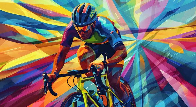 Abstract art piece portraying the journey of a triathlete through vibrant colors and expressive form