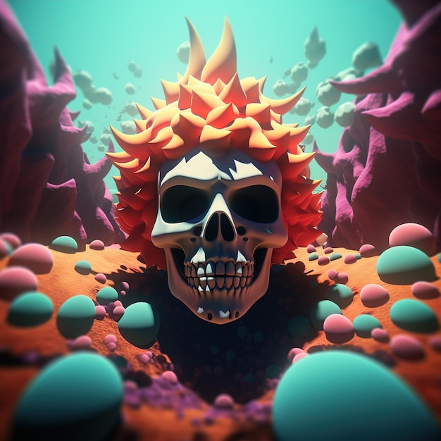 A abstract art of a skull with orange hair and colorful landscape around it