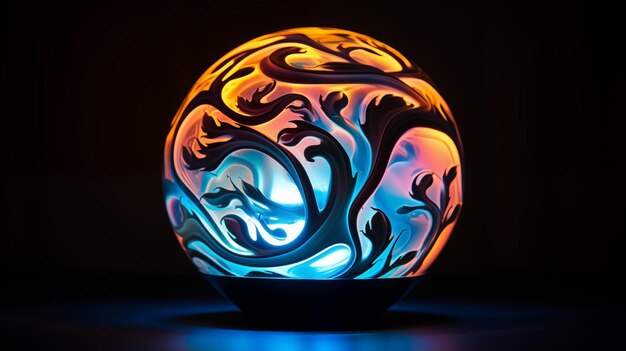 Photo abstract art sphere illuminated with blue and orange glow featuring intricate leaf patterns