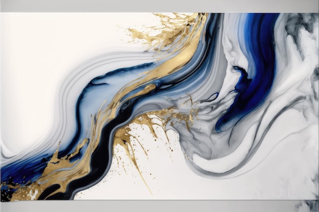 Abstract art splashing color in fluid ink texture blue and gold in background